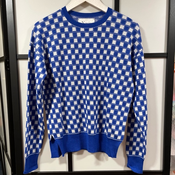 Novis Nyc Blue White Checkered Silk Cashmere Crewneck Sweater Womenâs Medium